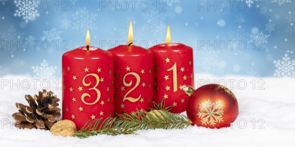 Third 3rd Advent with candle Christmas Christmas card for Christmas time snow background with text free space Copyspace in winter panorama in Stuttgart, Germany