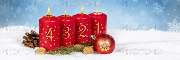 Fourth 4th Advent with candle Christmas Christmas card for Christmas time panorama snow background with text free space Copyspace in winter in Stuttgart, Germany