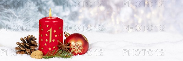 First 1st Advent Candle for Christmas Panorama Christmas Card in Winter with copy space Copyspace in Stuttgart, Germany