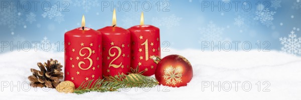 Third 3rd Advent with candle Christmas Christmas card for Christmas time snow background panorama with text free space Copyspace in winter in Stuttgart, Germany