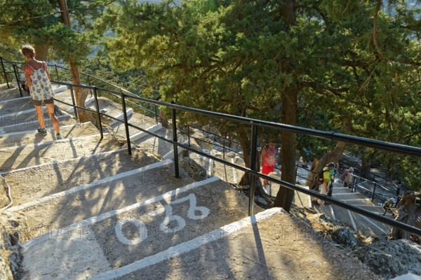 Path with over 300 steps to the Chapel of the Virgin Mary Tsambika (Kyra Psili), surrounded by trees and sunshine, Church of the Virgin Mary Tsambika (Kyra Psili), Archangelos, Rhodes Island, Greece