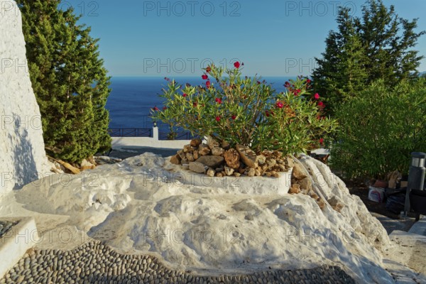 Sunny square with blooming oleander, surrounded by white rocks and views of the blue sea, Church of the Virgin Mary Tsambika (Kyra Psili), Archangelos, Rhodes Island, Greece