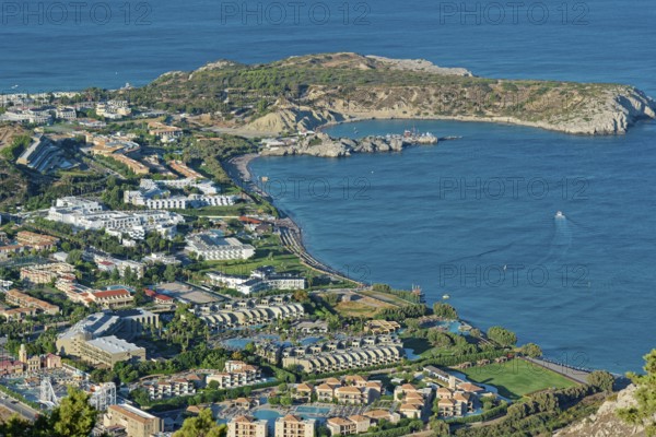 Coastal landscape of Kolymbia with bay and mountainous surroundings on a clear day, Church of the Virgin Mary Tsambika (Kyra Psili), Archangelos, Rhodes Island, Greece