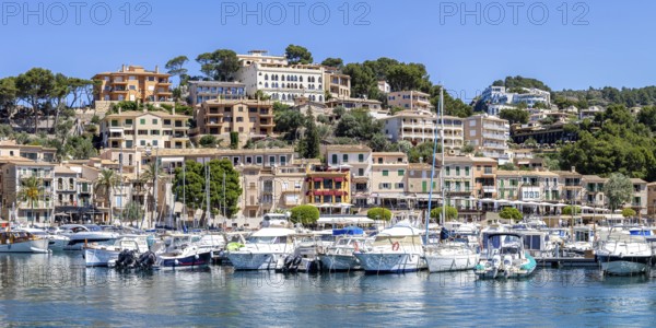 Port de Soller town on Majorca panoramic holiday by the sea yacht harbour with boats trip in Port de Sóller, Spain
