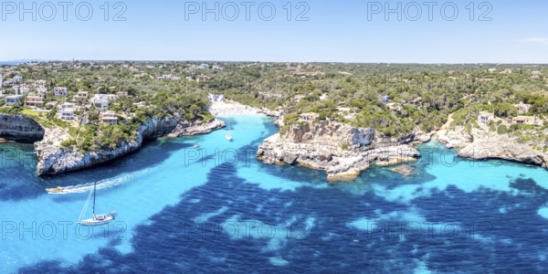 Aerial view of Cala Llombards beach on the island of Majorca from above in the Mediterranean panorama trip in Cala Llombards, Spain