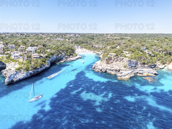 Aerial view of Cala Llombards beach on the island of Majorca from above in the Mediterranean Sea travelling in Cala Llombards, Spain