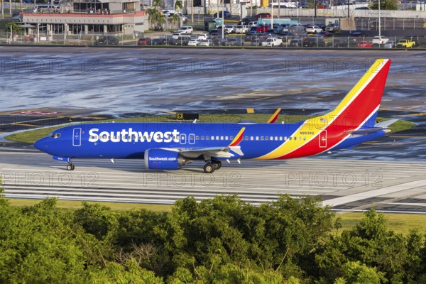 A Boeing 737 MAX 8 aircraft of Southwest Airlines with the registration number N8838Q at San Juan Airport, Puerto Rico
