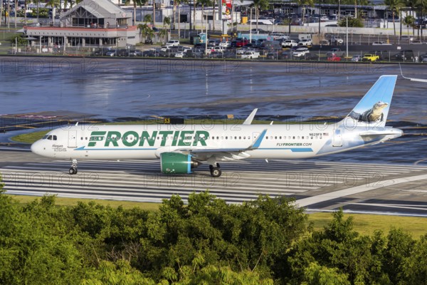 An Airbus A321neo aircraft of Frontier Airlines with the registration N629FR at San Juan Airport, Puerto Rico