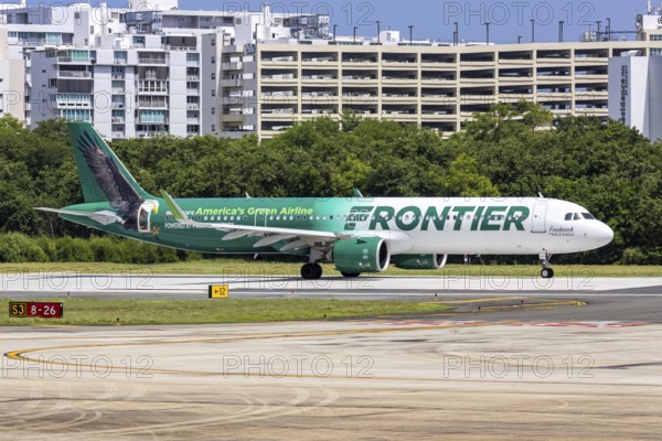An Airbus A321neo aircraft of Frontier Airlines with the registration number N603FR at San Juan Airport, Puerto Rico