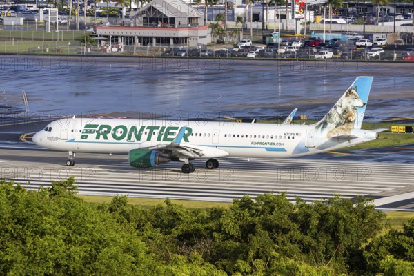 A Frontier Airlines Airbus A321 aircraft with registration N717FR at San Juan Airport, Puerto Rico