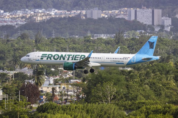 A Frontier Airlines Airbus A321neo aircraft with the registration number N631FR at San Juan Airport, Puerto Rico