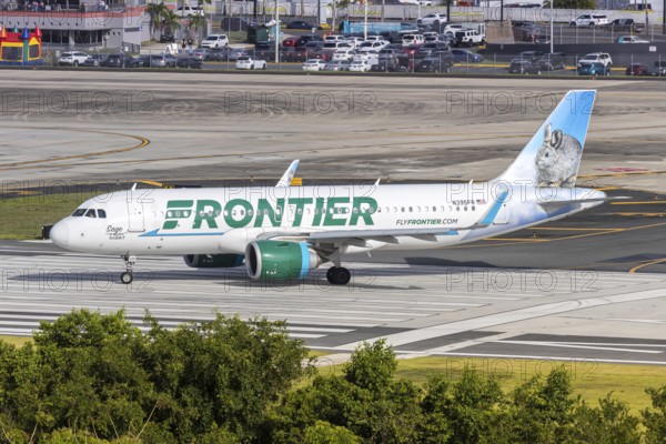 A Frontier Airlines Airbus A320neo aircraft with the registration number N395FR at San Juan Airport, Puerto Rico