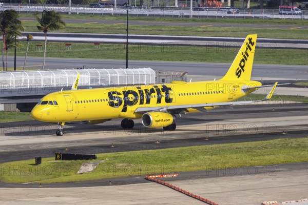 A Spirit Airlines Airbus A321 aircraft with the registration number N663NK at San Juan Airport, Puerto Rico