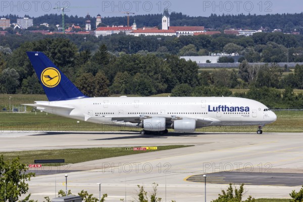 A Lufthansa Airbus A380-800 aircraft with the registration D-AIMN at Munich Airport, Germany