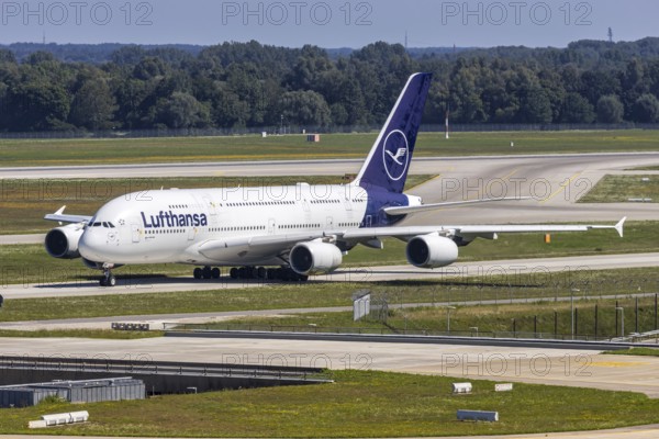 A Lufthansa Airbus A380-800 aircraft with the registration D-AIMB at Munich Airport, Germany