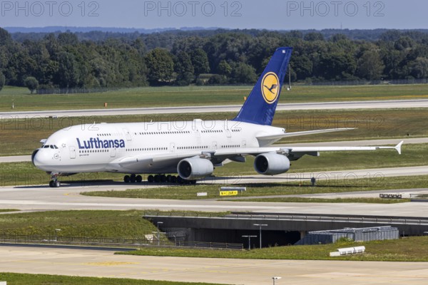 A Lufthansa Airbus A380-800 aircraft with the registration D-AIMA at Munich Airport, Germany