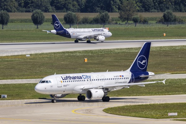 A Lufthansa City Airbus A319 aircraft with the registration D-ASTX at Munich Airport, Germany