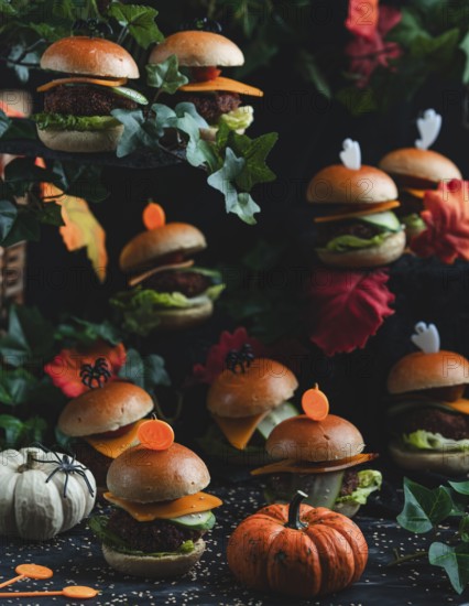 Halloween burger with pumpkins in a spooky autumnal setting