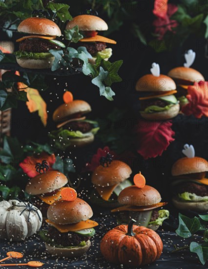 Sesame seeds trickle onto small burgers and pumpkins in a Halloween atmosphere