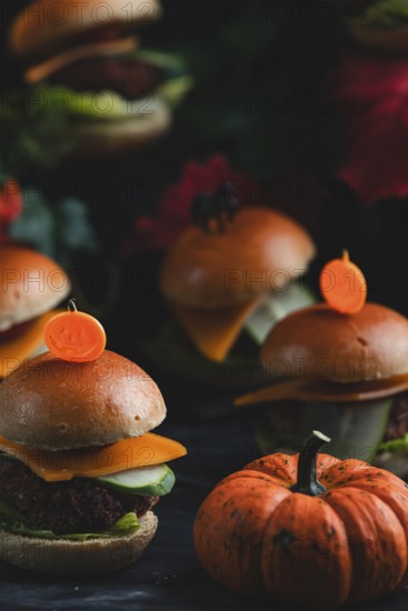 Small burgers with pumpkin in an autumnal, spooky atmosphere
