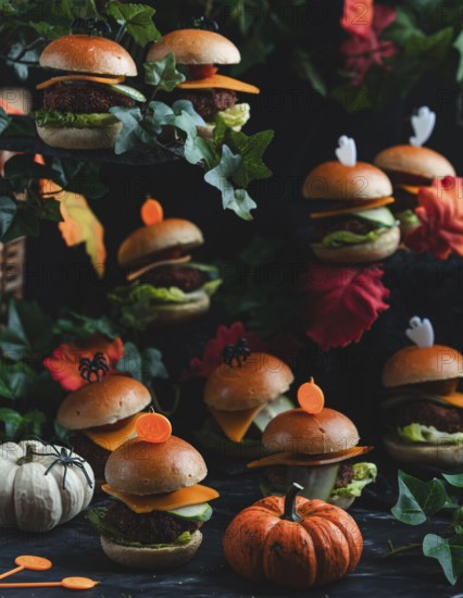 Halloween burger with pumpkins in a spooky autumnal setting