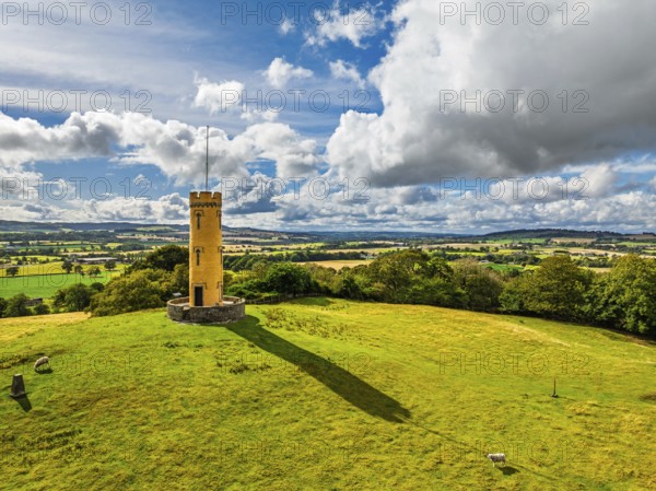 Binns Tower over Scotish farms and Forth Estuary from drone, House of the Binns, Linlithgow, Scotland, UK