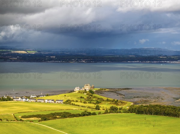 Blackness Castle over Forth Estuary from a drone, Blackness, Scotland, United Kingdom