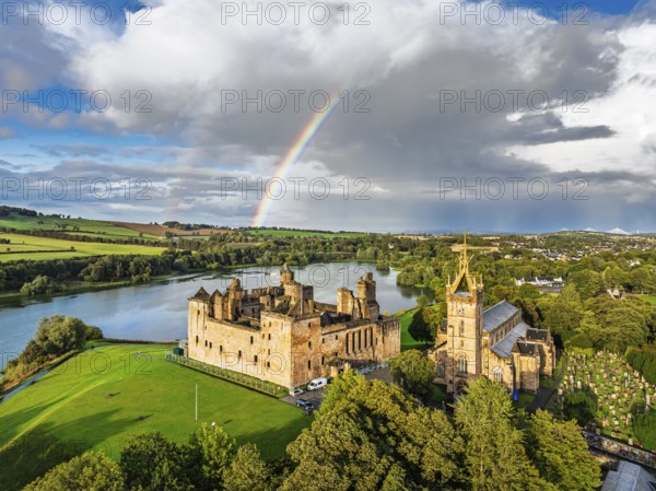 Rainbow over Linlithgow Palace from a drone, Linlithgow Loch, West Lothian, Scotland, United Kingdom