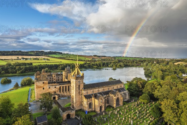 Rainbow over Linlithgow Palace from a drone, Linlithgow Loch, West Lothian, Scotland, United Kingdom