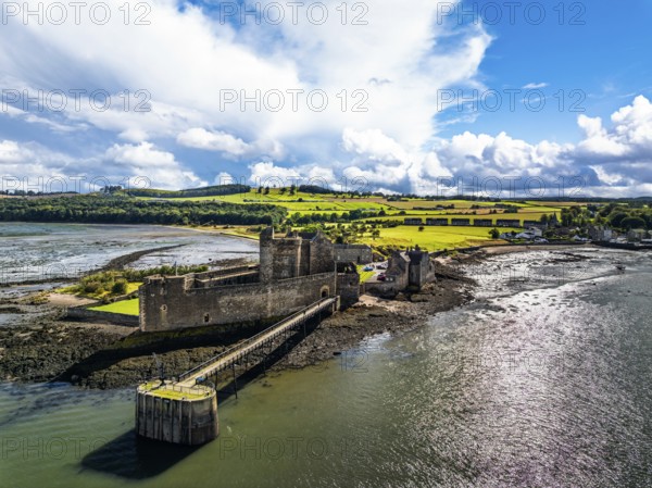Blackness Castle over Forth Estuary from a drone, Blackness, Scotland, United Kingdom