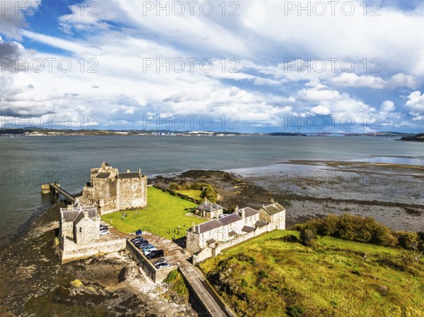 Blackness Castle over Forth Estuary from a drone, Blackness, Scotland, United Kingdom