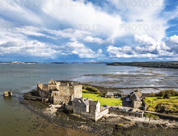 Blackness Castle over Forth Estuary from a drone, Blackness, Scotland, United Kingdom