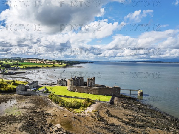 Blackness Castle over Forth Estuary from a drone, Blackness, Scotland, United Kingdom