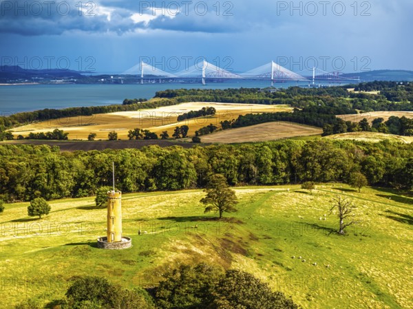 Binns Tower over Scotish farms and Forth Estuary from drone, House of the Binns, Linlithgow, Scotland, UK