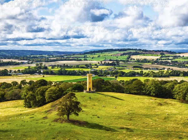 Binns Tower over Scotish farms and Forth Estuary from drone, House of the Binns, Linlithgow, Scotland, UK