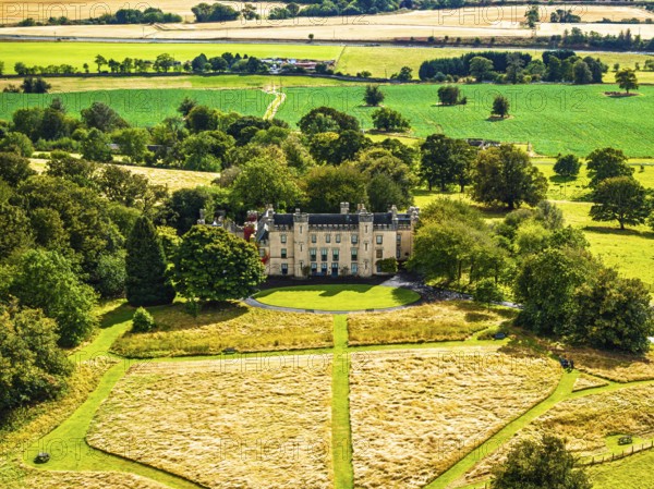 DefaultHouse of the Binns over Scotish farms and Forth Estuary from drone, Binns Tower, Linlithgow, Scotland, UK