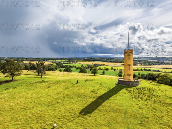 Binns Tower over Scotish farms and Forth Estuary from drone, House of the Binns, Linlithgow, Scotland, UK