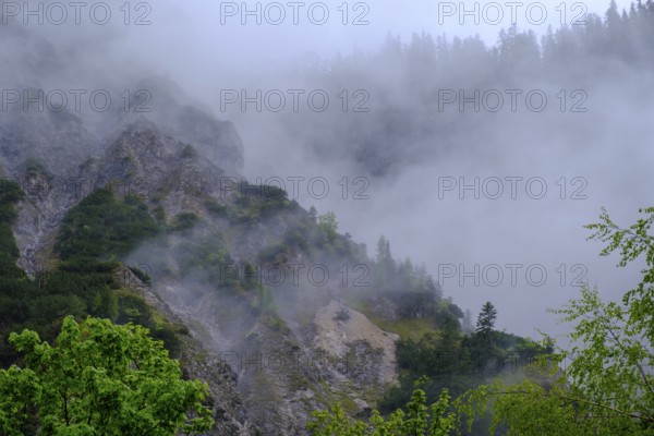 Fog, rain clouds between rocks, Gramai Alm, Karwendel, near Pertisau, Tyrol, Austria