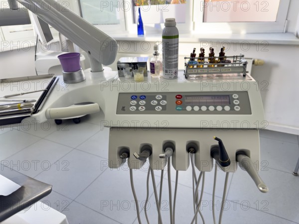 Instruments drills for dental treatment dental hygiene on panel board console with digital display in dental practice practice of dentist doctor for dentistry, international