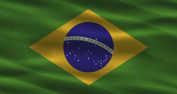 Brazil flag with fabric texture. Realistic flag of Brazil waving