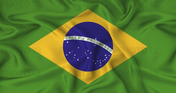 Realistic Brazil flag waving. Close up of flag of Brazil with cloth texture