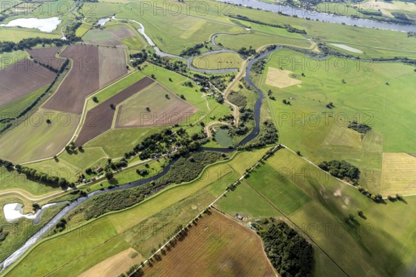 Aerial view, elbe, mecklenburg-vorpommern, lower saxony, river, dike construction, sude, small sude, germany, elbe valley landscape, floodplain, ffh area, flood protection, landscape