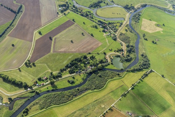 Aerial view, elbe, mecklenburg-vorpommern, lower saxony, river, dike construction, sude, small sude, germany, elbe valley landscape, floodplain, ffh area, flood protection, landscape