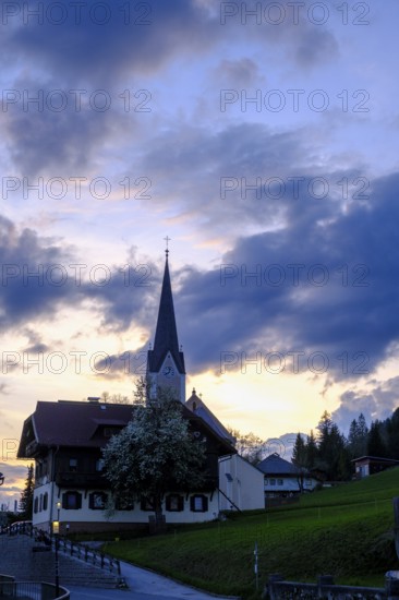Protestant church, evening mood at Lake Weissensee, near Techendorf, Carinthia, Austria