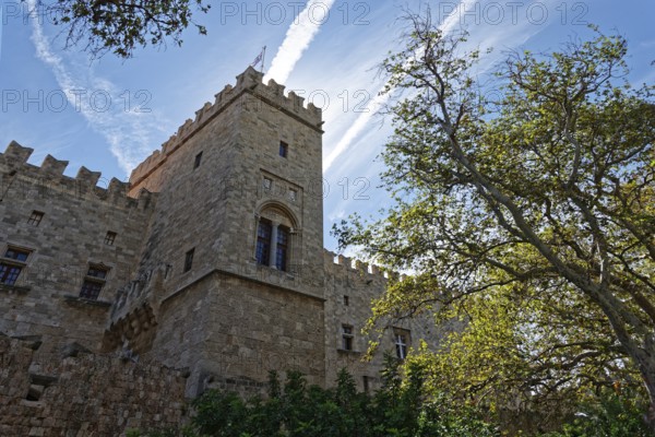 Medieval castle with stone towers under a clear sky and surrounded by trees, d'Amboise Gate, Medieval Town of Rhodes, Rhodes Island, Greece