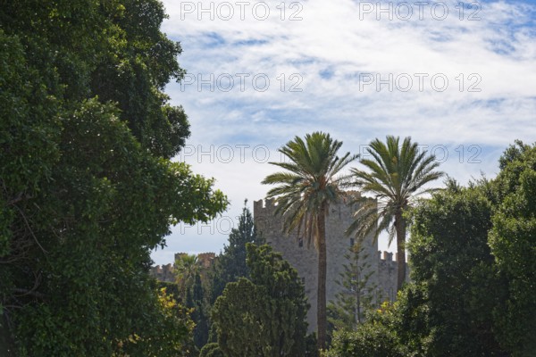 Medieval Grand Master's Palace with palm trees and lush vegetation under a slightly cloudy sky, Medieval Town of Rhodes, Rhodes Island, Greece