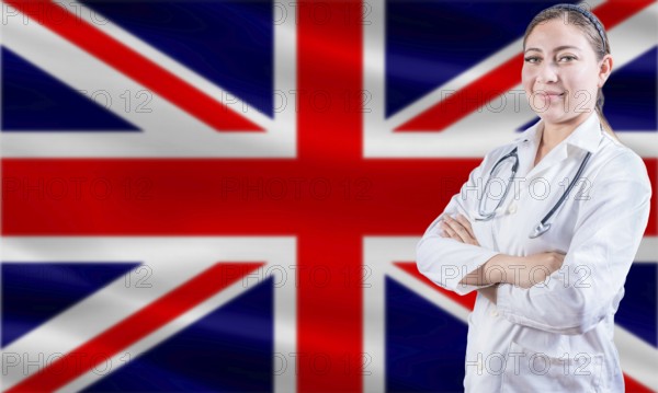 Female doctor on United Kingdom flag. Doctor with crossed arms on United Kingdom flag. United Kingdom health and care concept