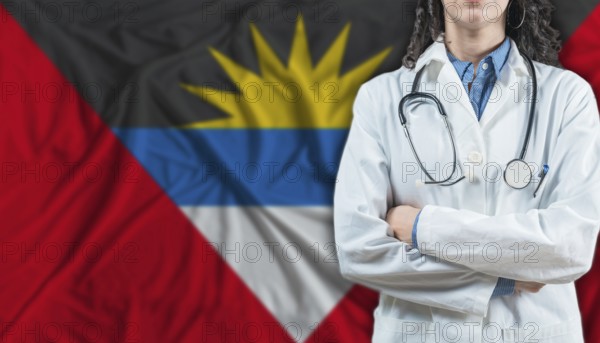 Medical professional on Antigua and Barbuda flag. Healthcare and wellness in Antigua and Barbuda, Concept