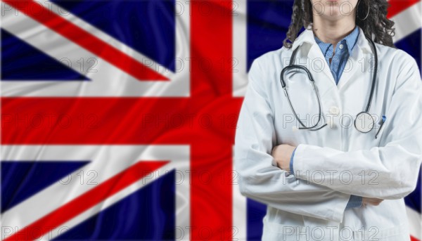 Medical professional on United Kingdom flag. Healthcare and wellness in United Kingdom, Concept