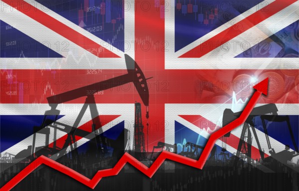 Oil production with United Kingdom flag, petrol industry. Oil pumps with United Kingdom flag